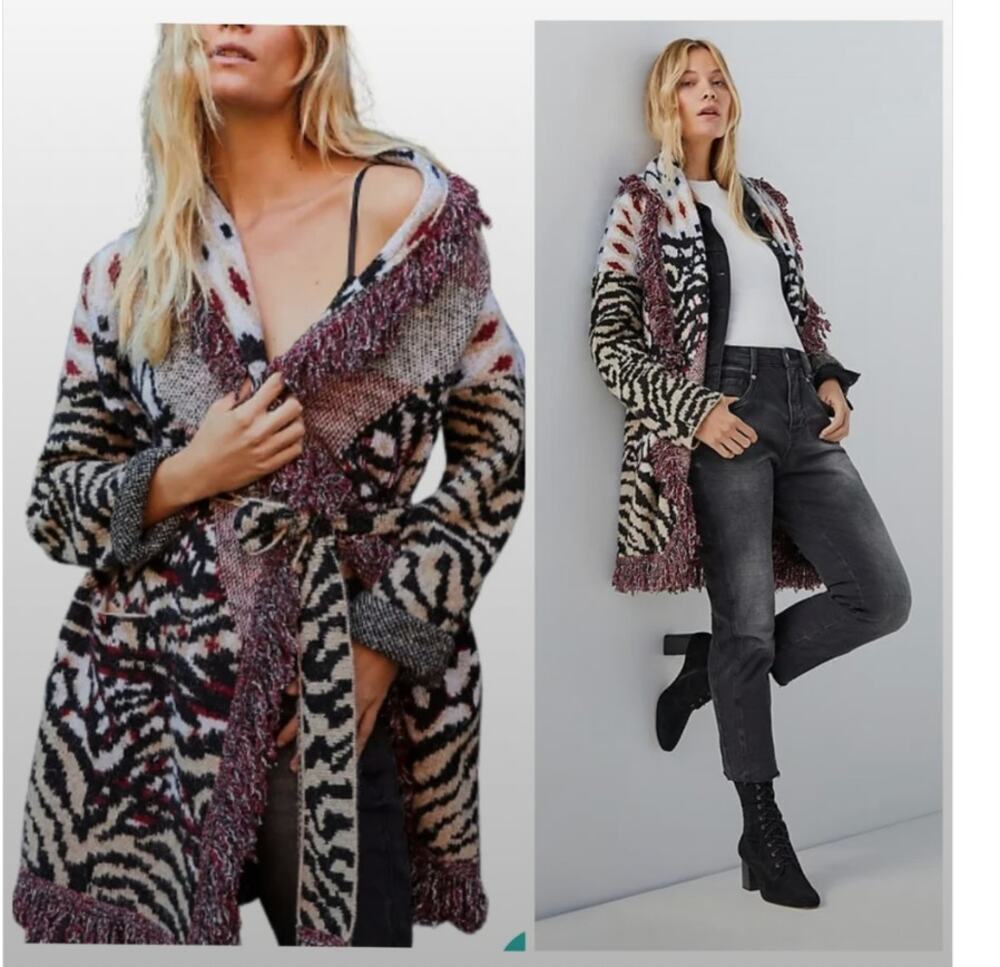 Anthropologie XS Fringe Knit Belted Boho Cardigan Sweater